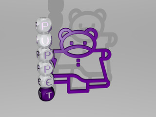 3D illustration of puppet graphics and text around the icon made by metallic dice letters for the related meanings of the concept and presentations for background and doll