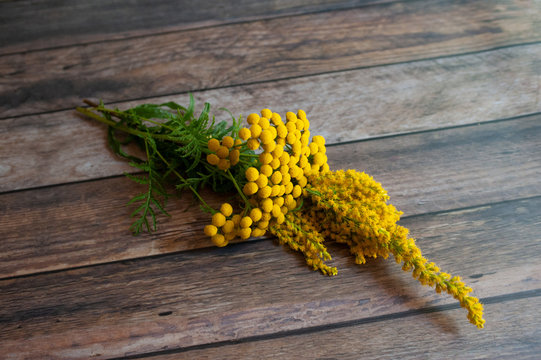 Yellow wild flower bouquet on dark wooden table