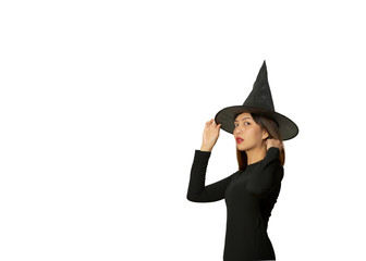 Asian woman wear witch for halloween party