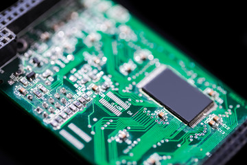 Electronics Industry and Manufacturing. Macro Shoot of Produced Mini Printed Circuit Boards with Surface Mounted Components.