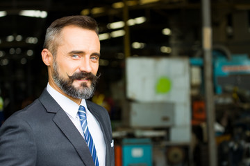 Portrait of Handsome bearded factory owner.