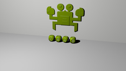 CRAB 3D icon on the wall and text of cubic alphabets on the floor, 3D illustration for background and animal