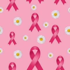 Breast cancer pink ribbon seamless pattern with daisies on pink background.