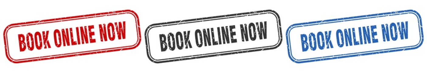 book online now square isolated sign set. book online now stamp