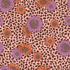 Seamless pattern leopard animal abstract geometric with pink coral sunflower print pattern design