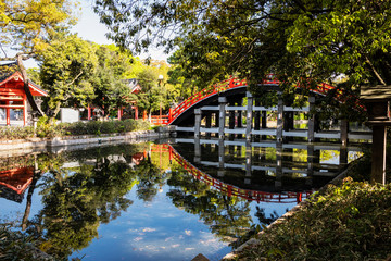 Red bridge at Sumiyoshi-taisha temple, Osaka, Japan