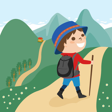 登山のハイキングコースを散策してる若い男性のイラスト。