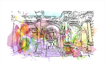 Fototapeta premium Building view with landmark of Antalya is a Turkish resort city with a yacht-filled Old Harbor and beaches flanked by large hotels. Watercolor splash with hand drawn sketch illustration in vector.