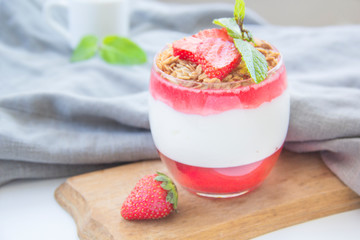Italian dessert panna cotta with strawberries