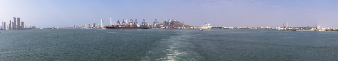 Panoramic view of the harbour and new town as seen from the sea, Cartagena, Colombia