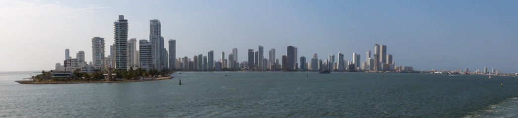 Fototapeta na wymiar Panoramic view of the harbour and new town as seen from the sea, Cartagena, Colombia