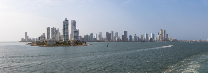 Panoramic view of the harbour and new town as seen from the sea, Cartagena, Colombia
