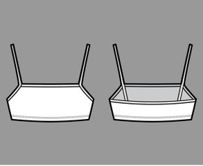 Cotton-jersey cropped camisole technical fashion illustration with straps, fitted body, under bust length. Flat outwear tank apparel template front back white color. Women men unisex top CAD mockup