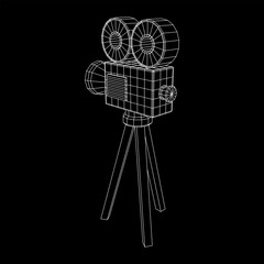 Polygonal camera projector. Movie time. Show film cinema festival concept. Wireframe low poly mesh vector illustration.