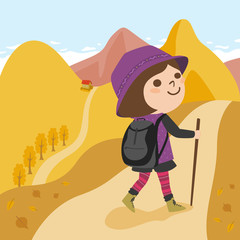 Fototapeta premium 紅葉した登山のハイキングコースを散策してる女性のイラスト。