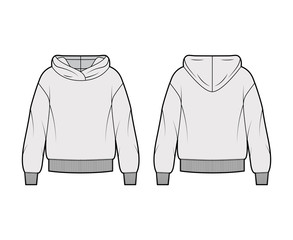 Oversized cotton-fleece hoodie technical fashion illustration with relaxed fit, long sleeves. Flat outwear jumper apparel template front, back, grey color. Women, men, unisex sweatshirt top CAD mockup