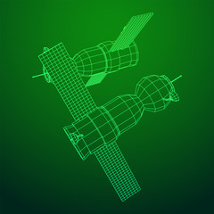 Space station communications satellite. Wireframe low poly mesh vector illustration.