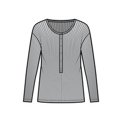 Obraz premium Ribbed classic men's styles cotton-jersey top technical fashion illustration with long sleeves, scoop henley neckline. Flat outwear shirt apparel template front, grey color. Women men unisex knit CAD
