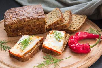 Delicious bread with garlic, lard, herbs, and chili