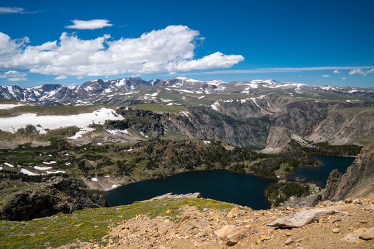 Mountain view of an alpine lake on the top of the Beartooth Pass (Highway 212) in Montana
