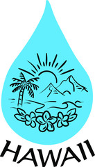 Hawaiian Palm Tree Tropical Floral Pattern On Blue Water Droplet. Hawaii Patterns with Plumeria, Beach, Sun, mountains