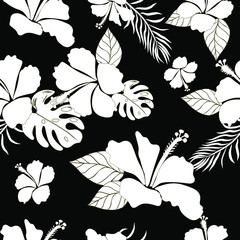 Hibiscus Flower Hawaiian Floral Pattern On Black Background. Tropical Flower Seamless repeat patterns