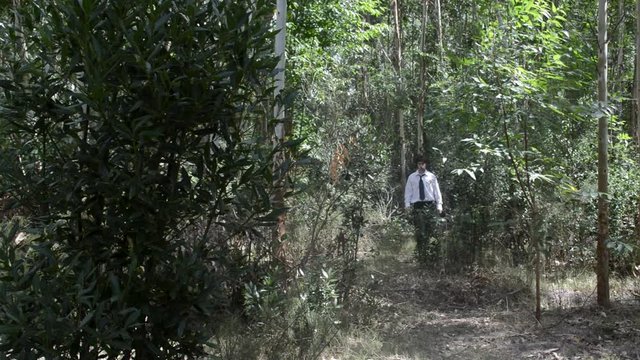 Mysterious businessman walks in a forest, full shot