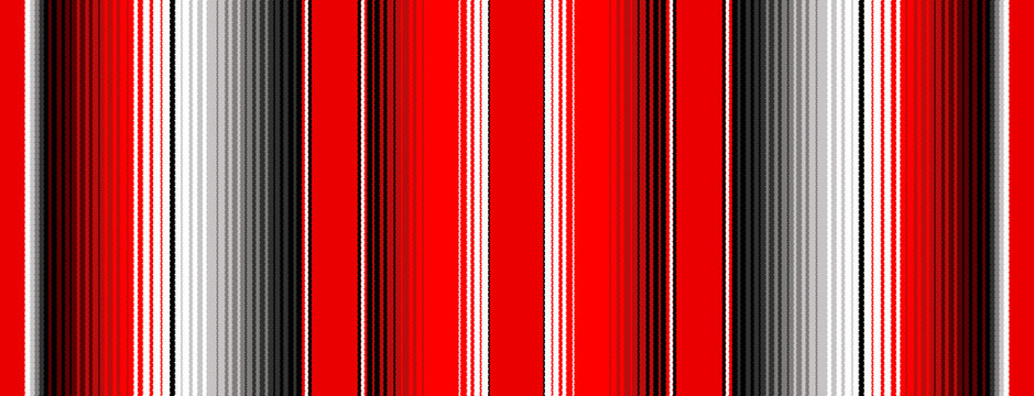 Red, Black and White Serape Blanket Stripes Seamless Vector Pattern. Ethnic Boho Background. Mexican Textile. American Rug Texture with Threads. Pattern Tile Swatch Included.