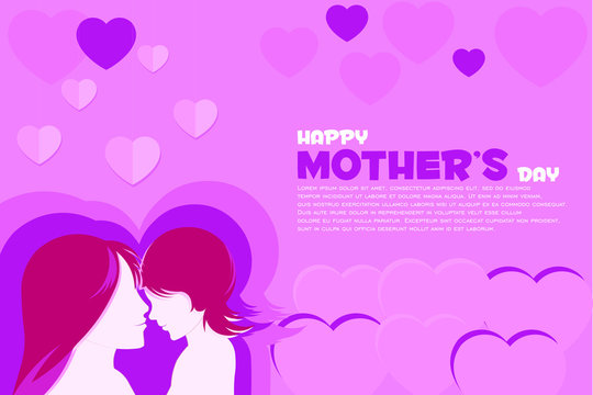 Happy Mother's Day background of mom with child son and colorful. Modern 3D heart pink decoration for mother gift or women holiday.