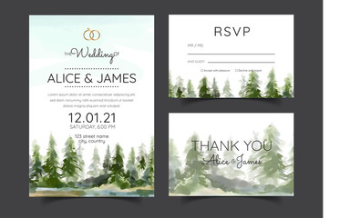Fototapeta na wymiar wedding invitation with mountain view watercolor background