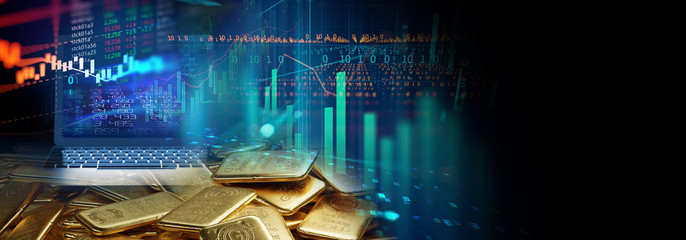 banner of shiny gold bars on financial gold price graph  3d illustration
