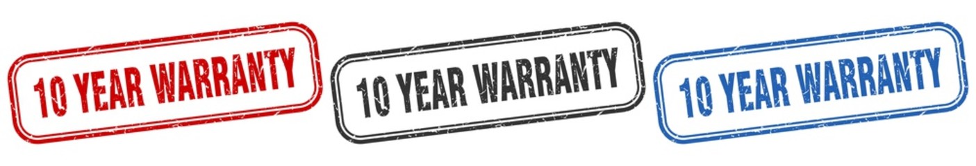 10 year warranty square isolated sign set. 10 year warranty stamp