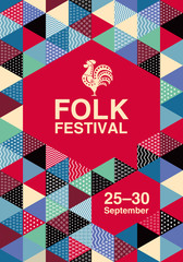 Poster Folk Festival. Festive patchwork layout. Vector graphics from bright triangles