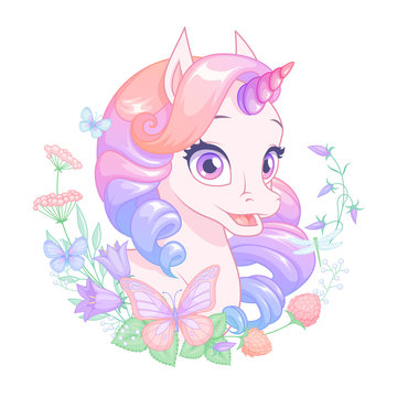 Cute pretty pink baby unicorn surrounded with flowers and butterflies. Isolated vector illustration.