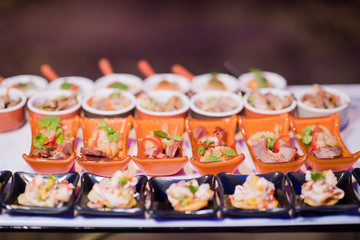 buffet food, catering food party at restaurant, mini canapes, snacks and appetizers
