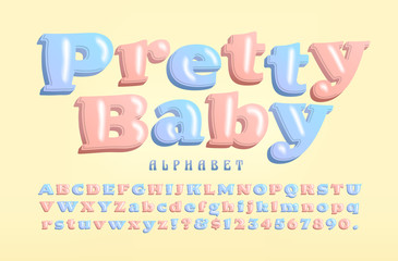 Pretty Baby; A Plump and Rounded Serif Alphabet with Soft Highlights and 3d Depth. This Font is Designed for Newborn, Infant, & Toddler Products. Also Children's Birthday Cards, Gift Wrap, etc.