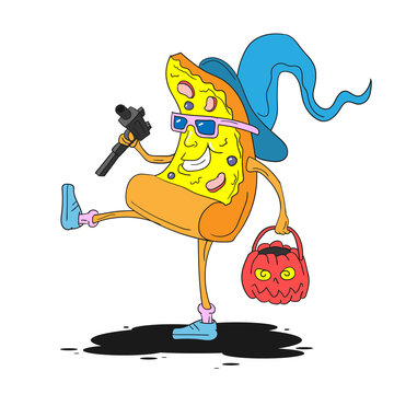 pizza cartoon character in a witch hat with a Halloween basket and weapons on a white isolated background. Vector image
