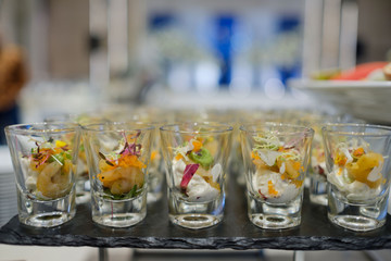 Glass shots pastry, wedding catering food, mini canapes food, tasty dessert, Beautiful decorate catering banquet table,  snacks and appetizers, wedding celebration
