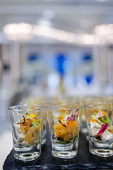 Glass shots pastry, wedding catering food, mini canapes food, tasty dessert, Beautiful decorate catering banquet table,  snacks and appetizers, wedding celebration
