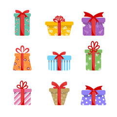 Colorful boxes for presents isolated on white background. Christmas and New year holiday. Vector illustration in flat style.