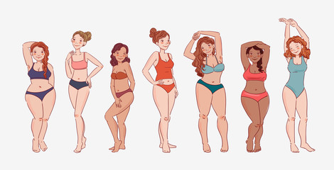 Group of young women of different heights, figure types and sizes dressed in swimsuits standing in a row. Body positive and beauty diversity vector concept
