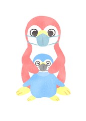 ペンギン　親子　マスク　感染症対策  笑顔