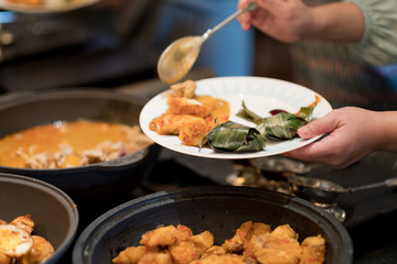 buffet food, catering food party at restaurant, mini canapes, snacks and appetizers
