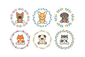 Cute baby dog animal with floral wreath or flower border cartoon hand drawn style