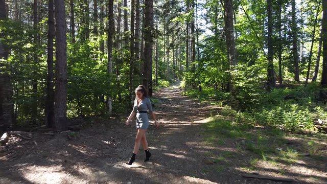 Young healthy caucasian girl walking inside a magical forest on a sunny day, early summer. Secchieta, Vallombrosa, Tuscany Italy. Aerial drone shot.