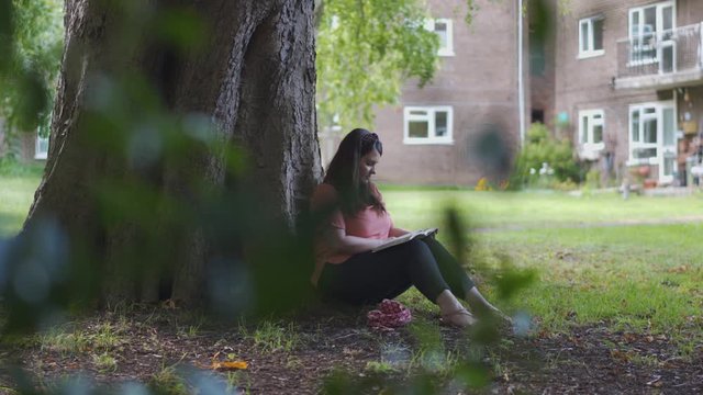 Woman reading or studying the bible or book outdoors in a green area