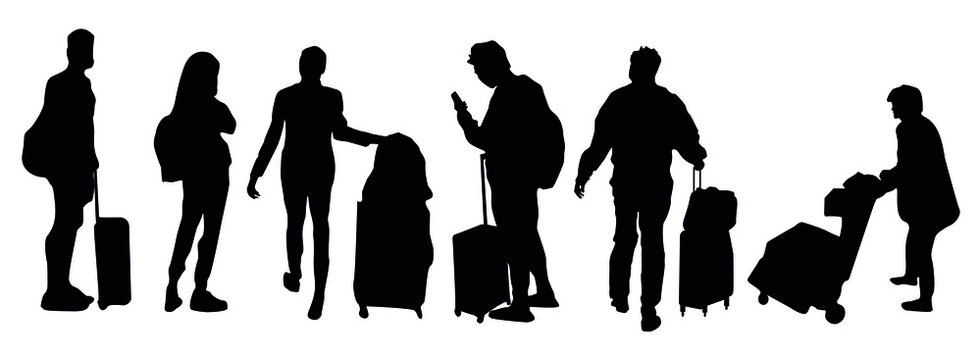 Silhouettes Of Traveler People With Luggage Set Collection Group 