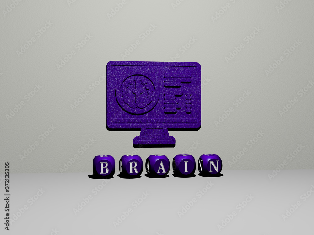 Fototapete 3d illustration of brain graphics and text made by metallic dice letters for the related meanings of