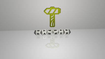 HAMMER text of cubic dice letters on the floor and 3D icon on the wall, 3D illustration for background and construction