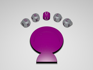 skull circular text of separate letters around the 3D icon, 3D illustration for background and black